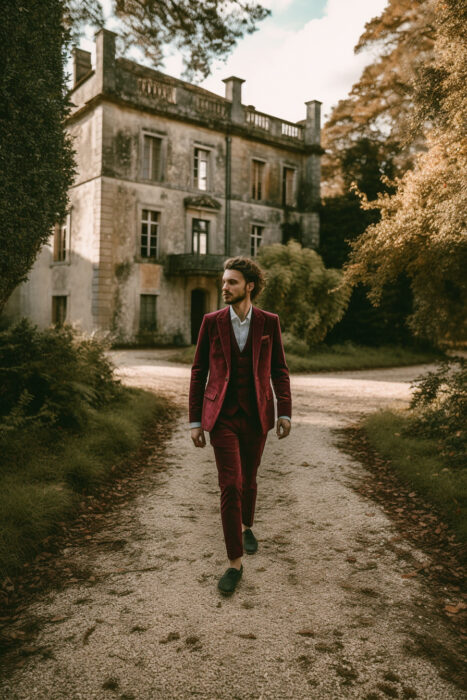 Costume de mariage bohème bordeaux