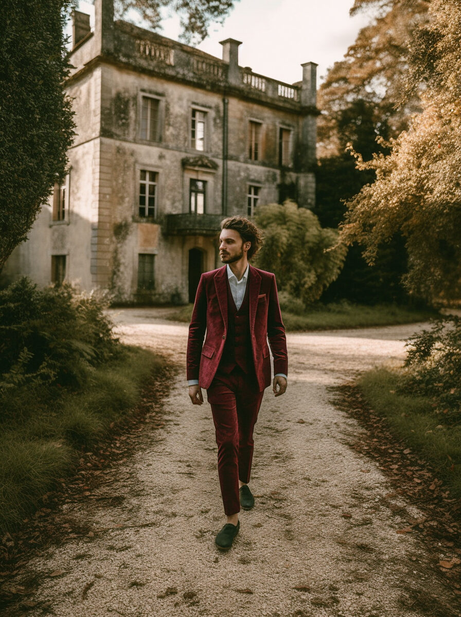 Costume de mariage bohème bordeaux
