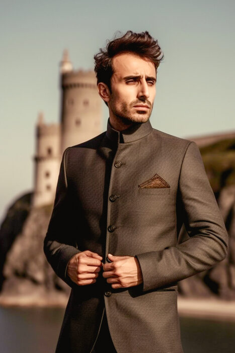 veste col mao couleur marron terre d'ombre natté