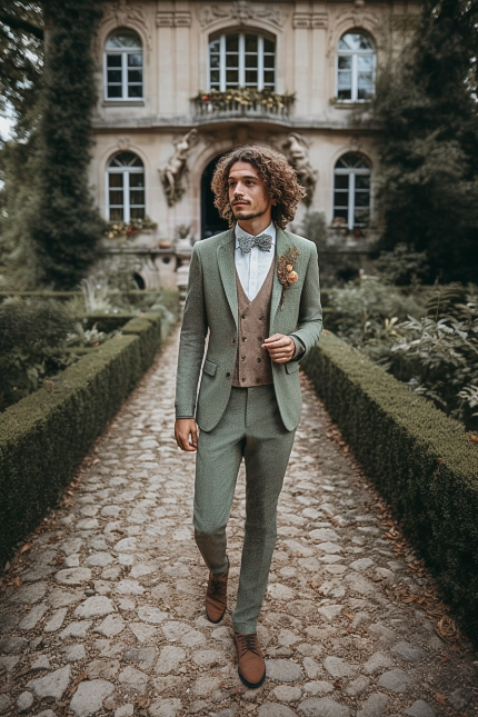 costume vert d'eau avec gilet beige