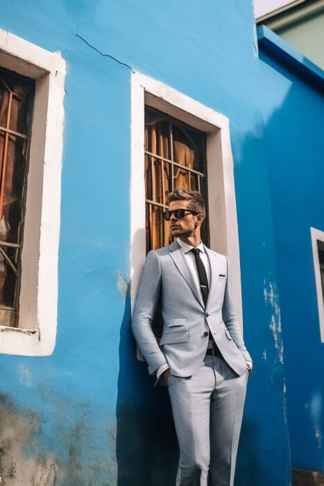 Photo d'un homme qui porte un costume bleu ciel 2pièces avec cravate marine fait par Chris Von Martial