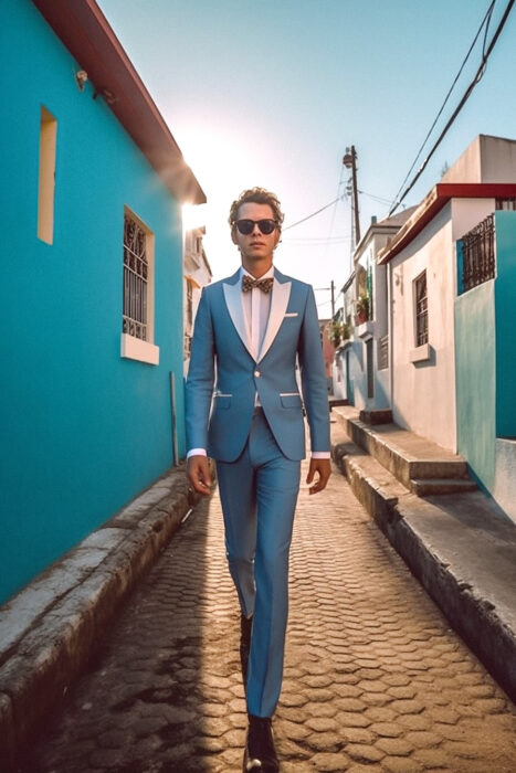 Photo d'un homme qui porte un smoking croisé bleu clair et revers blanc sur mesure fait par Chris Von Martial | Tailleur à Paris