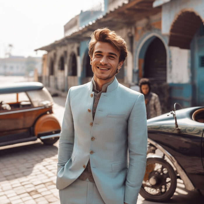 Photo d'un homme qui porte une veste de costume sur mesure , couleur bleu ciel, col mao, fait par Chris Von Martial | Tailleur à Paris