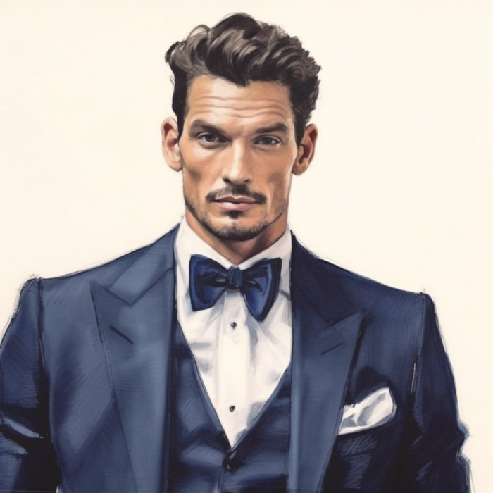 Croquis d'un homme avec un costume bleu marine sur mesure fait par Chris Von Martial