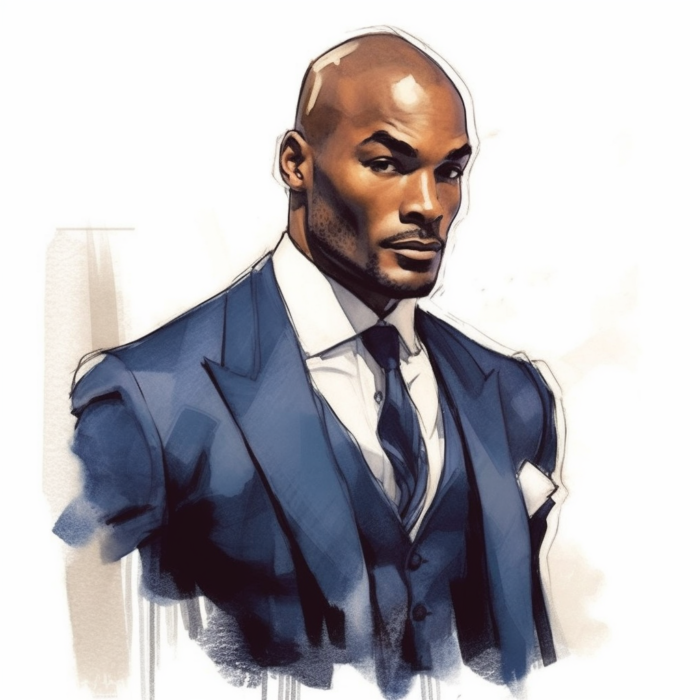 Croquis d'un homme avec un costume bleu marine sur mesure fait par Chris Von Martial