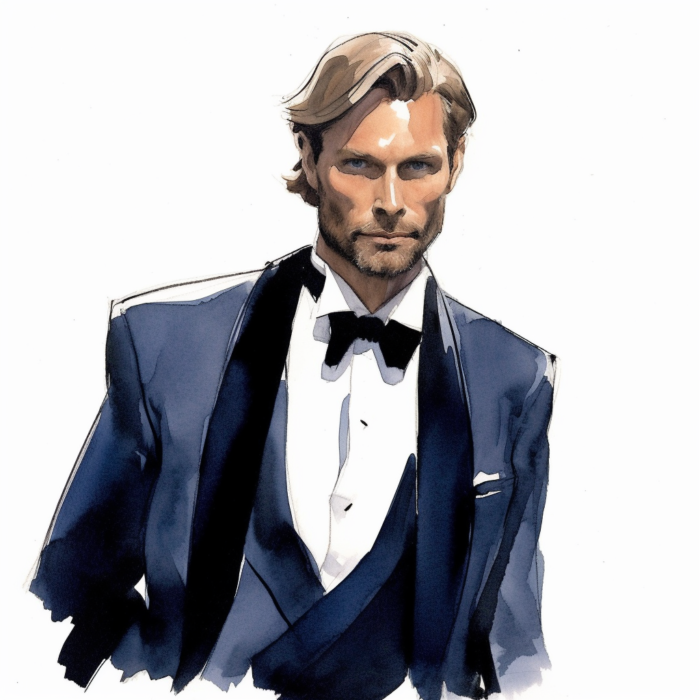 Croquis d'un homme avec un costume bleu marine sur mesure fait par Chris Von Martial
