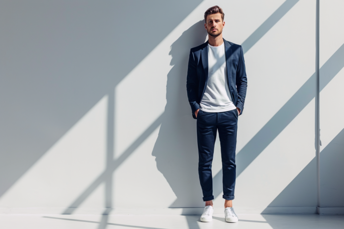 Homme de 30 ans qui porte un magnifique costume bleu marine sur mesure avec un tee shirt blanc | Chris Von Martial