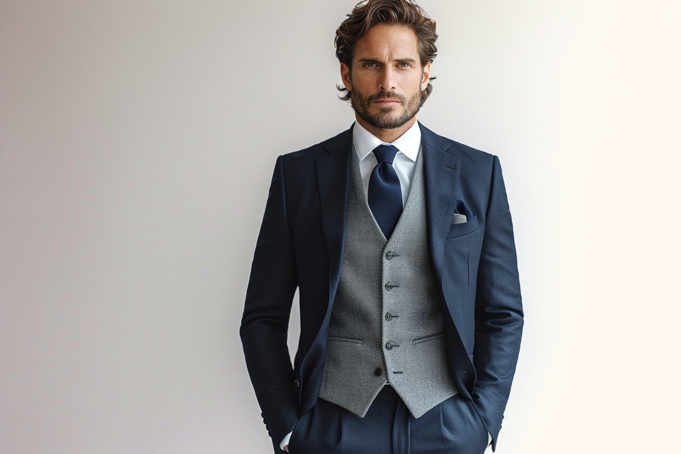 Homme de 40 ans qui porte un magnifique costume bleu marine sur mesure 3 pièces avec une cravate | Chris Von Martial