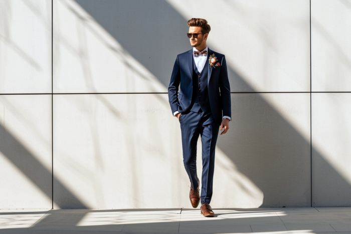 Homme de 25 ans qui porte un magnifique costume bleu marine sur mesure avec une chemise blanche | Chris Von Martial