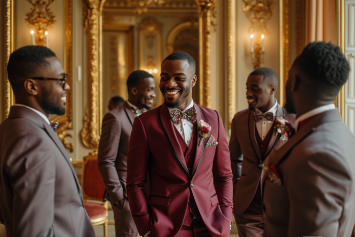 Comment choisir son costume de mariage ? Photo d'un homme qui porte un smoking bordeaux sur mesure fait par Chris Von Martial