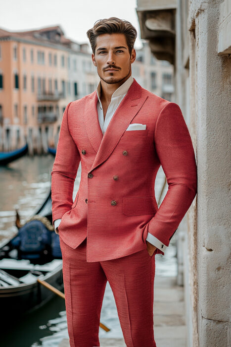 Costume croisé rouge sur mesure d'été