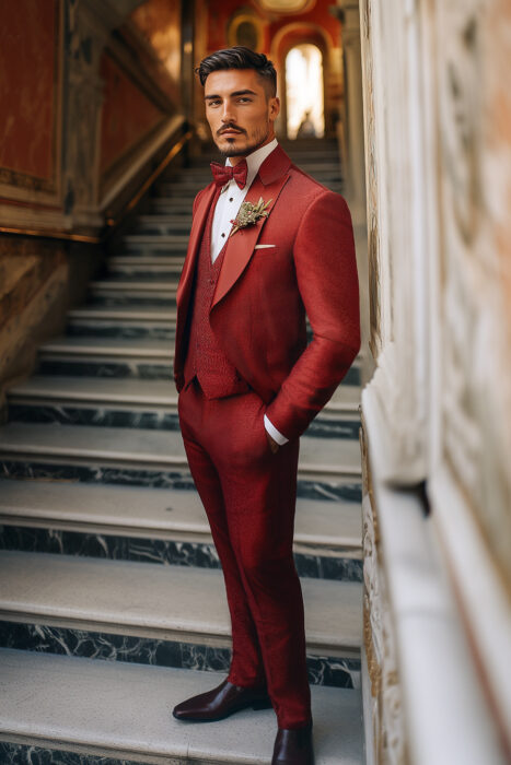 Costume sur mesure rouge carmin gilet en jaquard