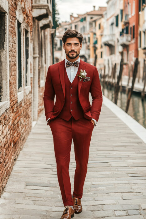 Costume sur mesure rouge carmin trois pièces