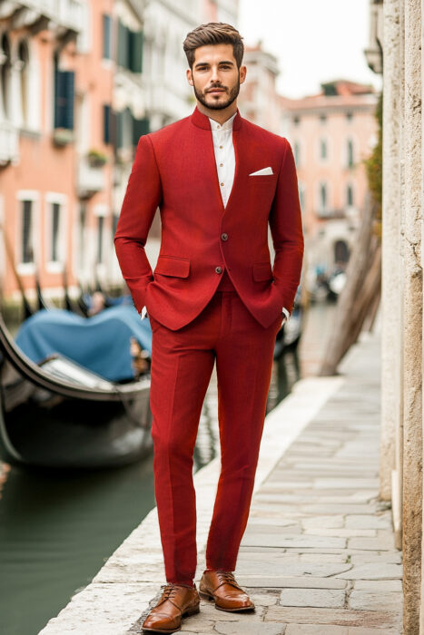 Costume sur mesure rouge col officier
