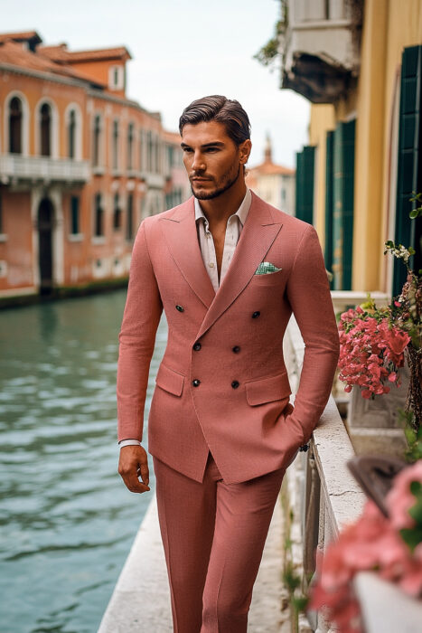 Costume sur mesure rouge corail croisé