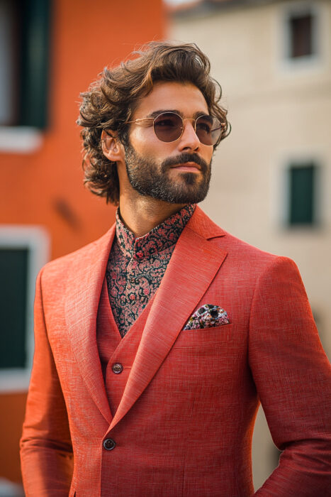 Costume sur mesure rouge trois pièces avec chemise imprimée