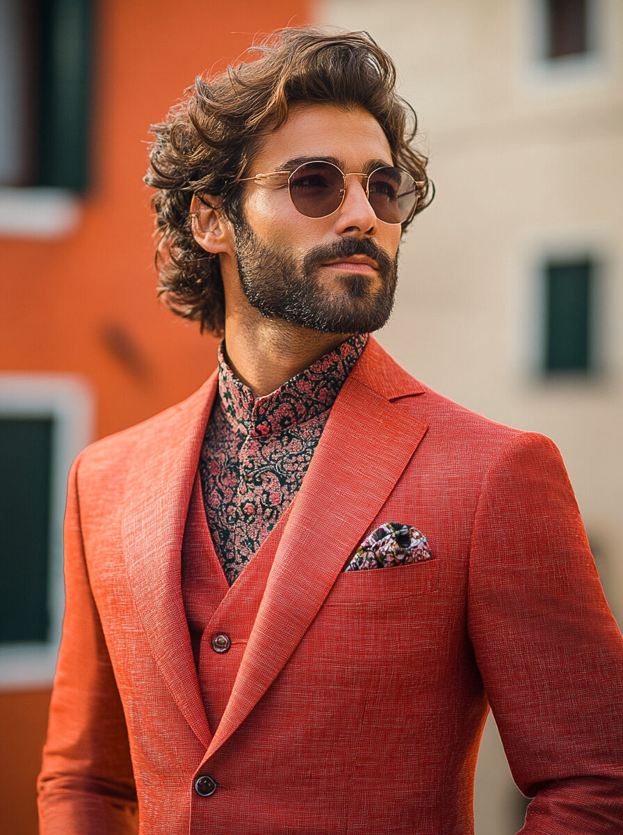 Costume sur mesure rouge trois pièces avec chemise imprimée
