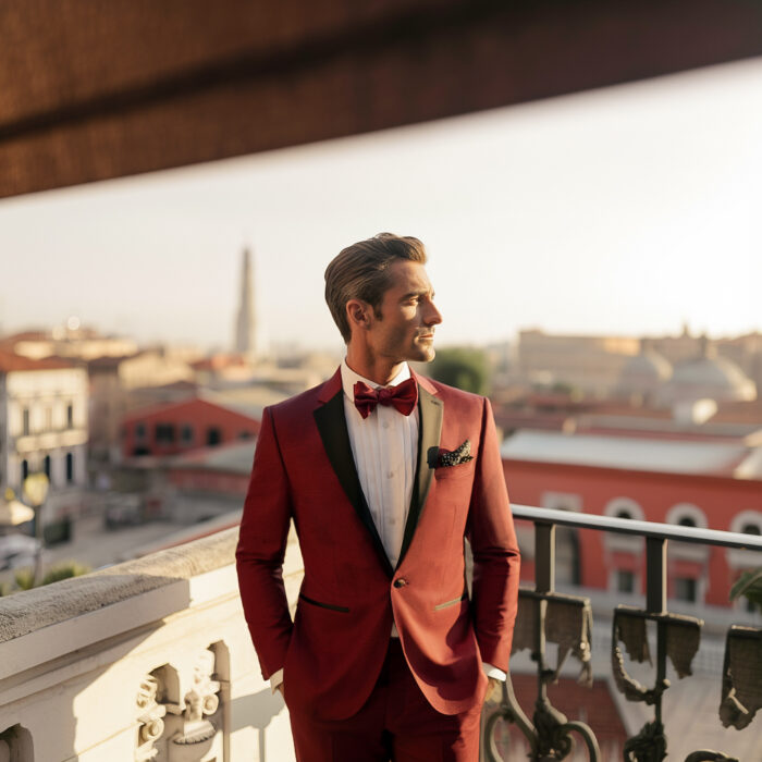 Smoking sur mesure rouge a revers noir