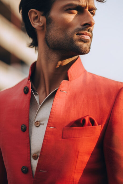 Veste homme sur mesure à col mao rouge feu