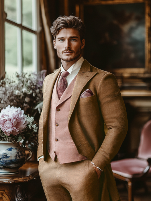 costume café au lait avec veste longue et gilet rose poudré Chris von Martial
