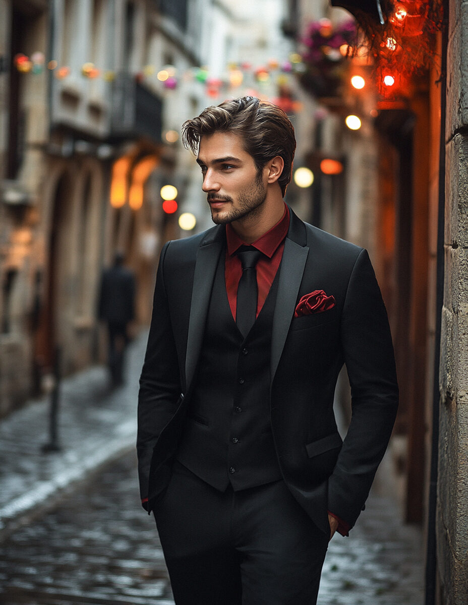 Smoking noir chemise rouge foncé Chris von Martial
