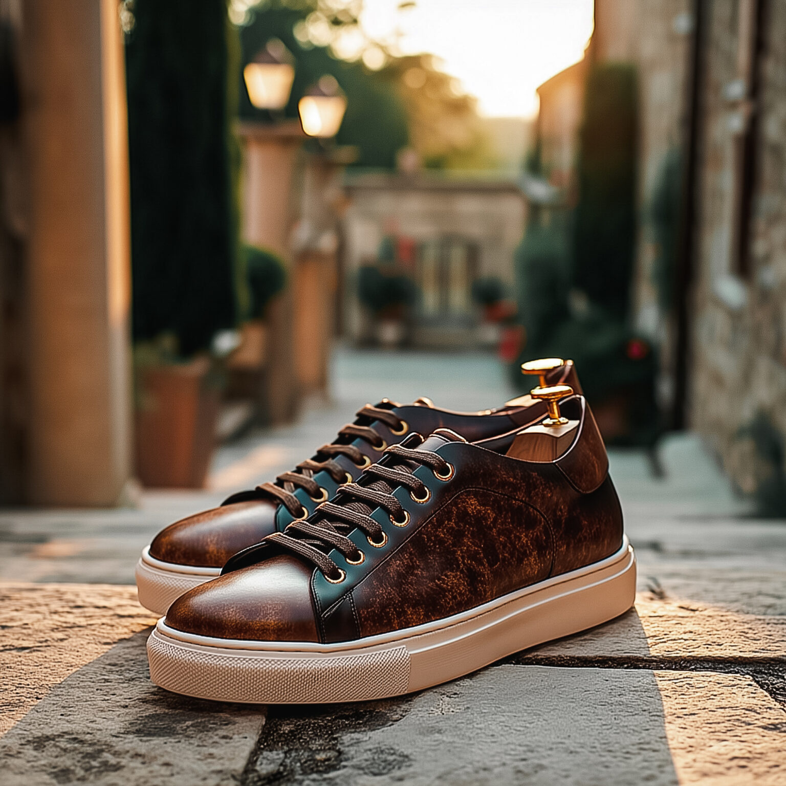 Paire de baskets marron patinées posée en extérieur, mariage décontracté chic.