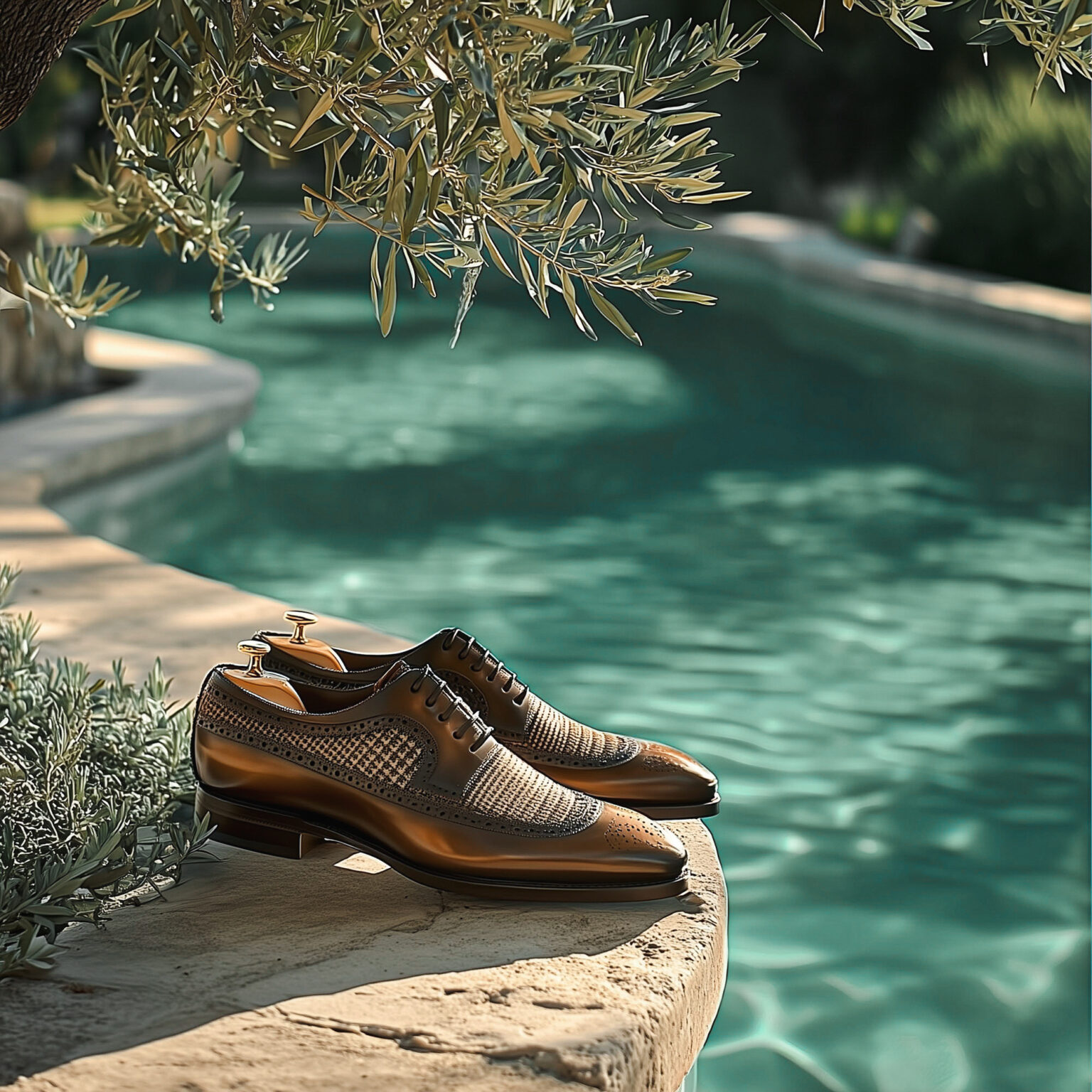 Chaussures en cuir marron avec semelle contrastée, posées au bord d’une piscine.