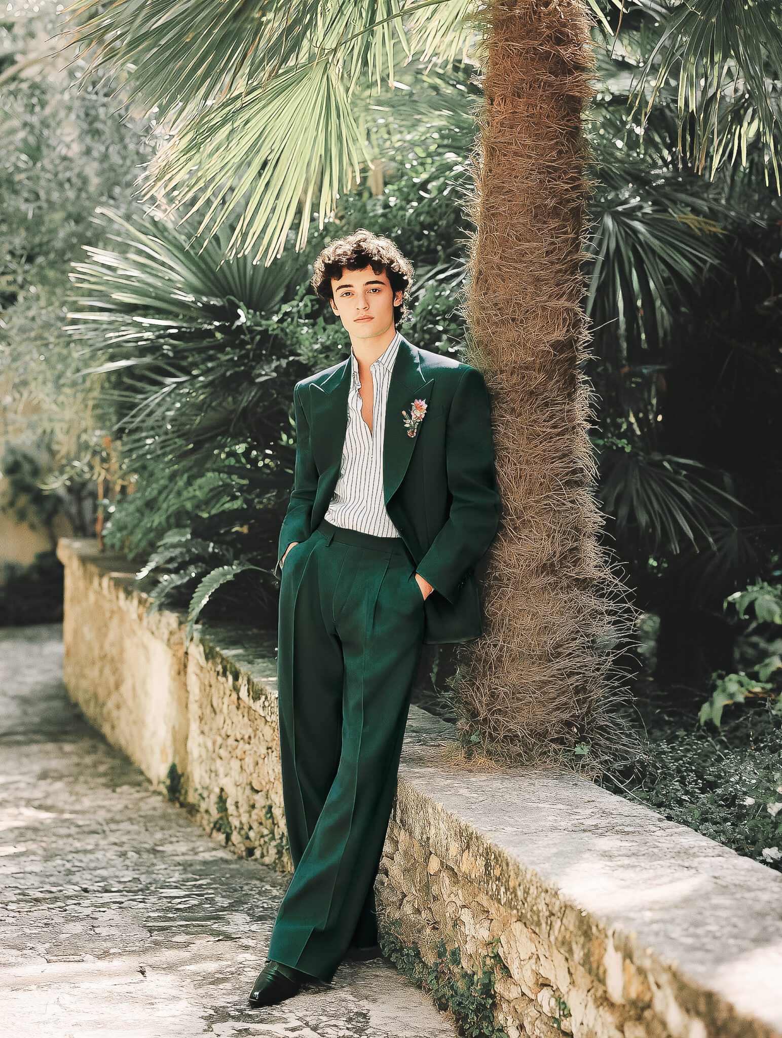 Marié portant un costume deux pièces vert fougère et chemise blanche.