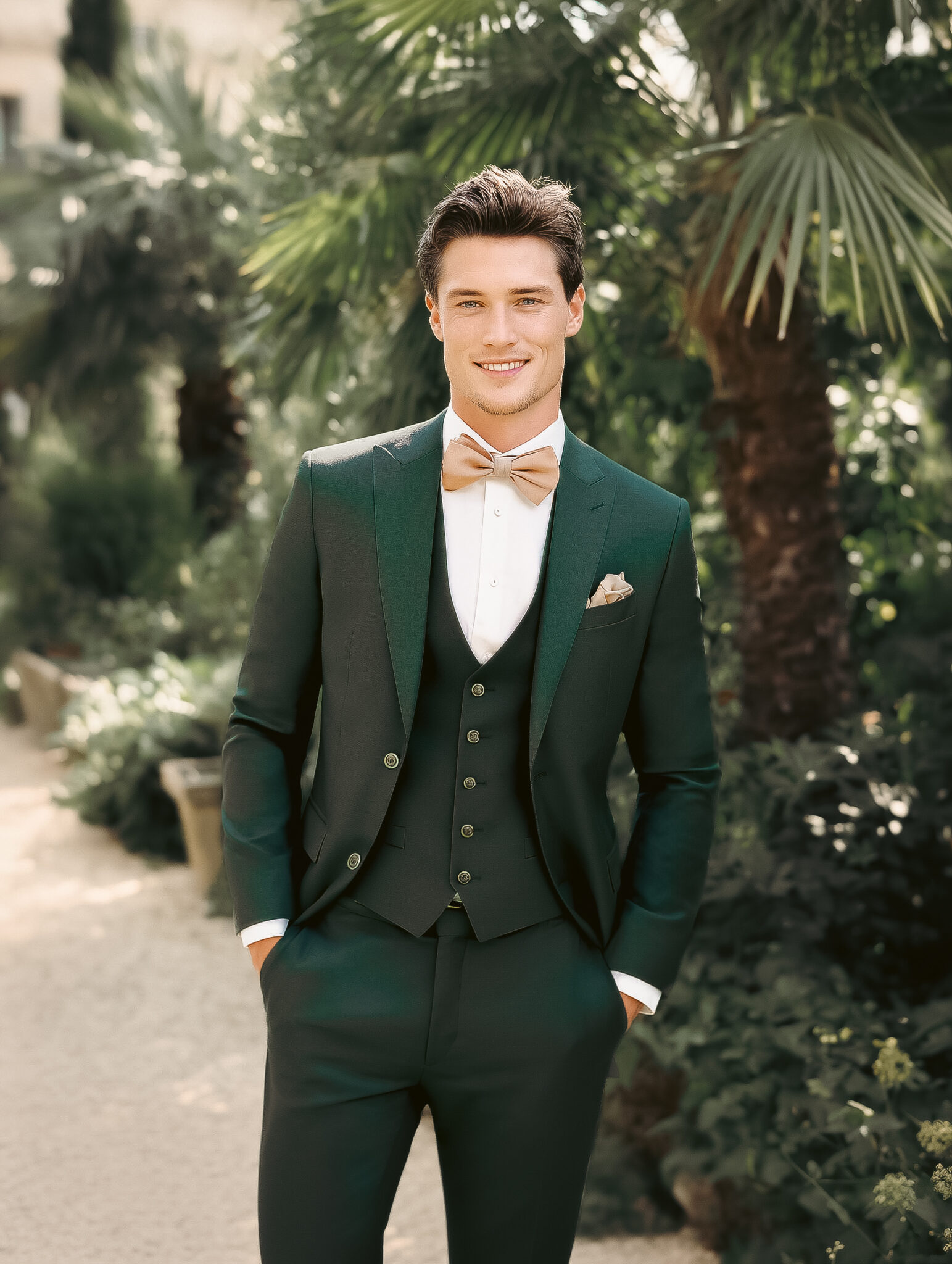 Costume trois pièces vert nuit, marié debout devant un décor provençal.