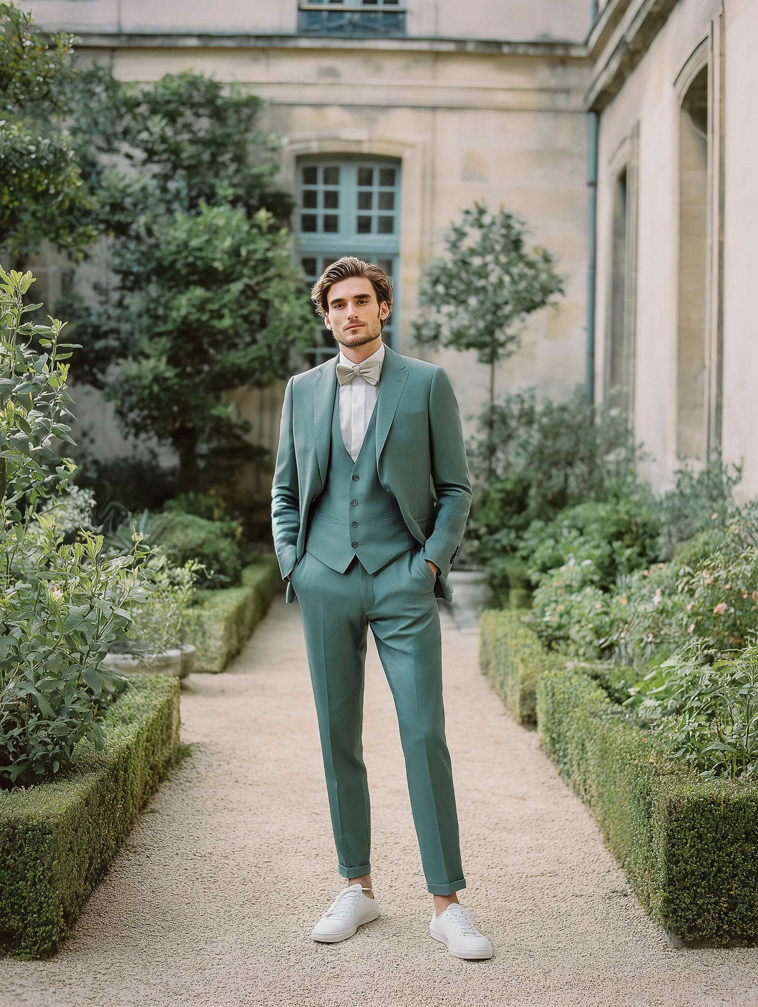 Marié en costume sur mesure trois pièces bleu paon Chris von Martial, allure élégante.