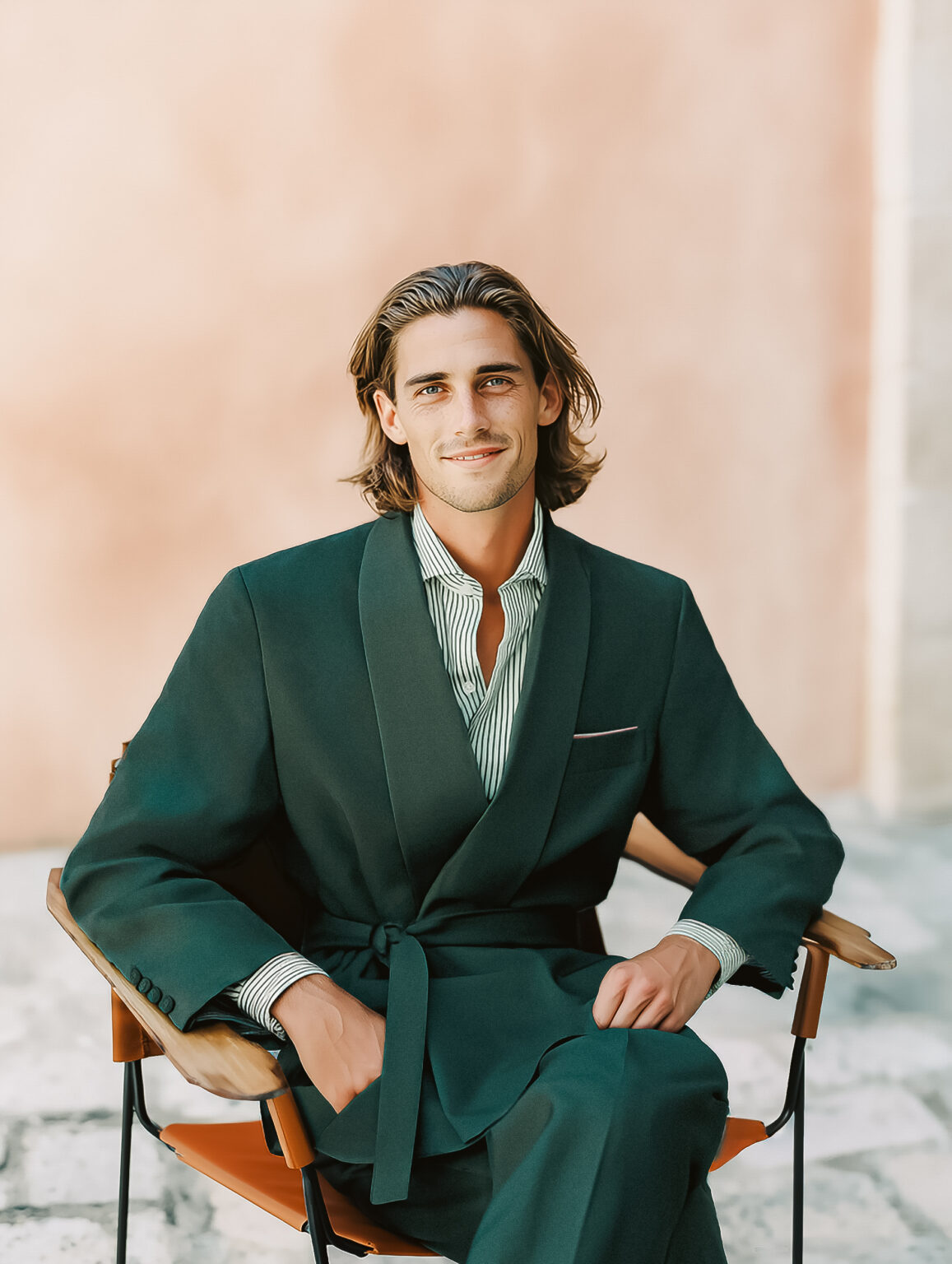 Homme en costume kimono vert émeraude avec chemise blanche, style moderne.