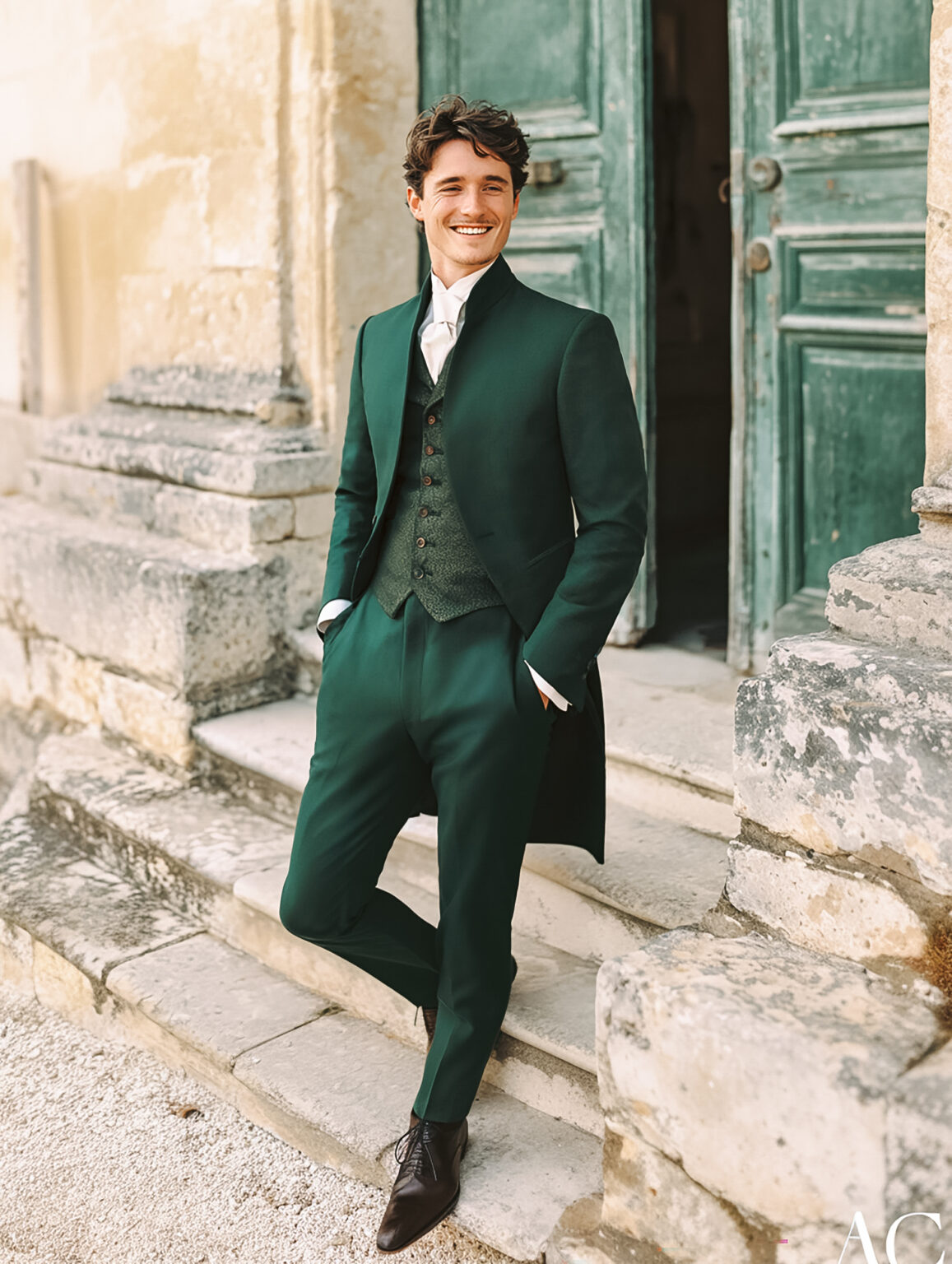 Homme en costume vert émeraude slim fit, debout dans une cour provençale.