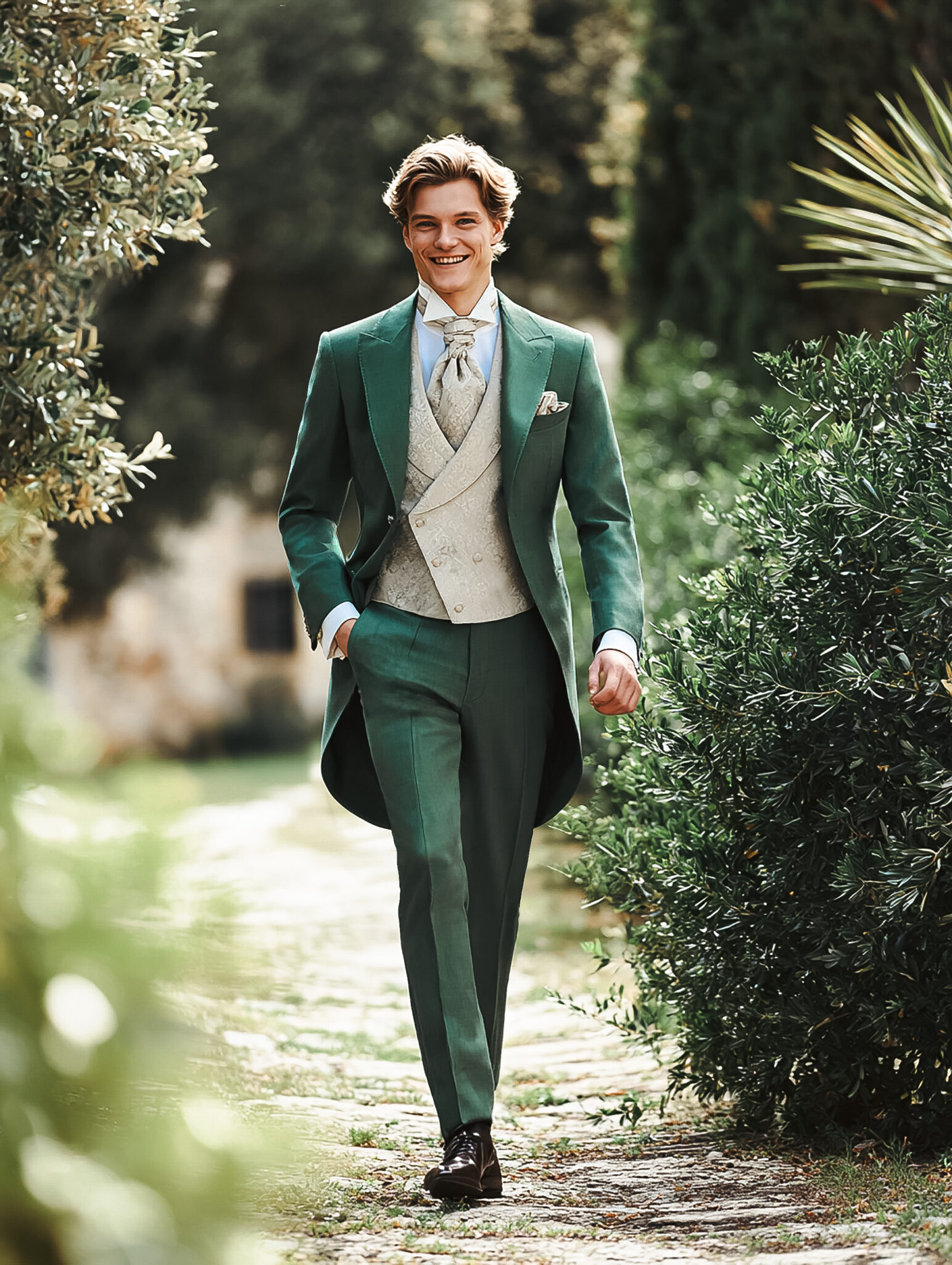Homme en costume vert lumineux trois pièces, cravate claire, ambiance extérieure.