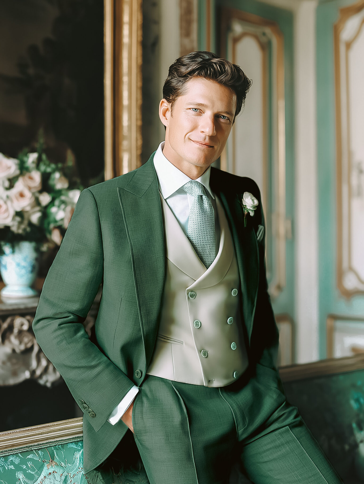 Marié portant un costume trois pièces vert turquoise avec gilet ivoire, boutonnière florale.