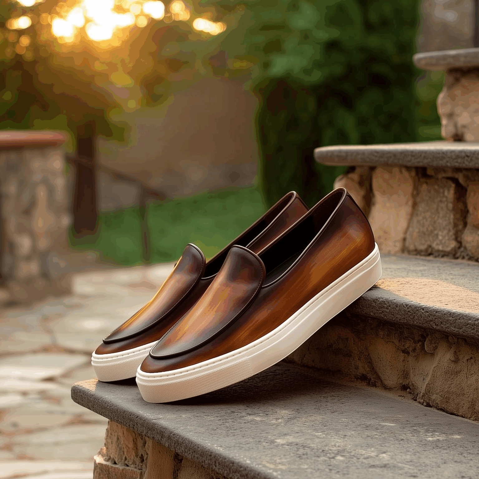 Paire de mocassins marron avec semelle blanche posée sur une marche en pierre.