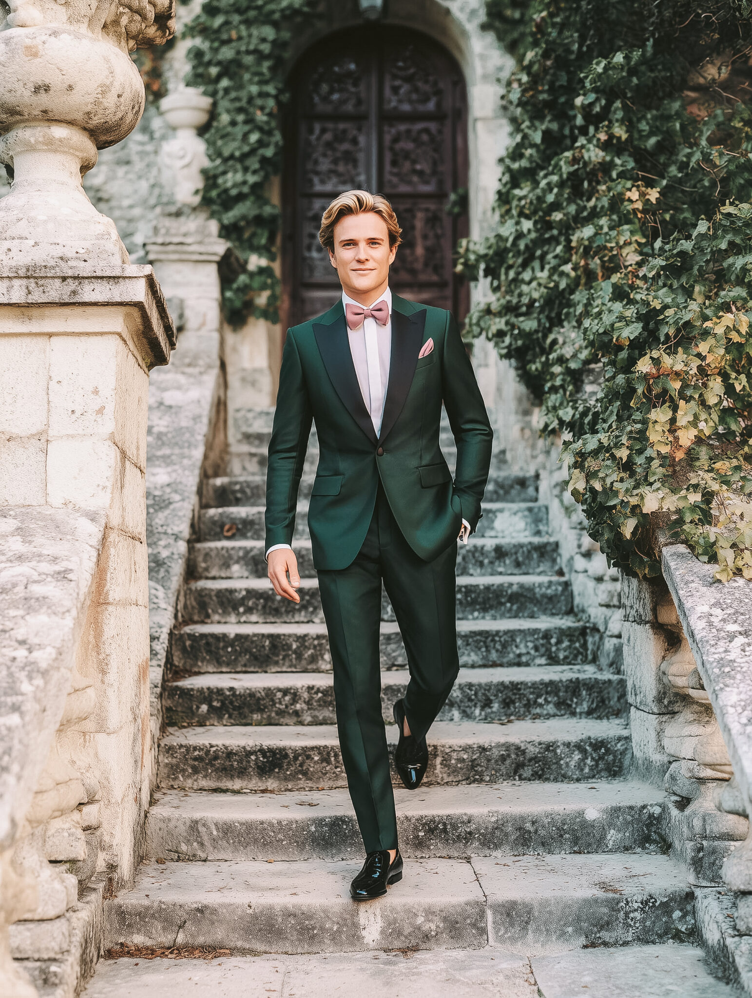 Homme portant un smoking vert émeraude avec revers en satin noir, chemise blanche.