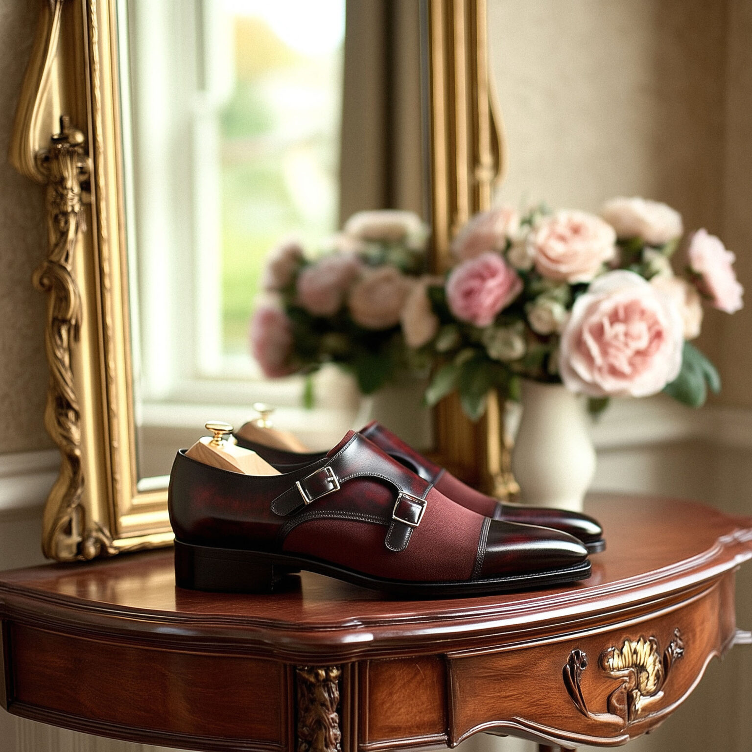 Souliers bordeaux posés au sol mariage Chris von Martial.