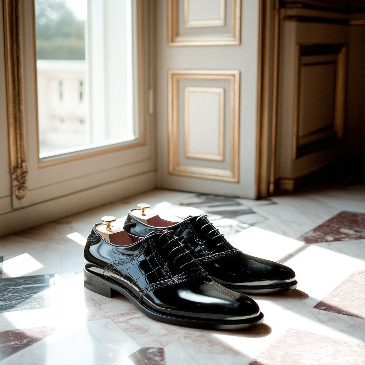 Chaussures noires cirées posées au sol mariage Chris von Martial.