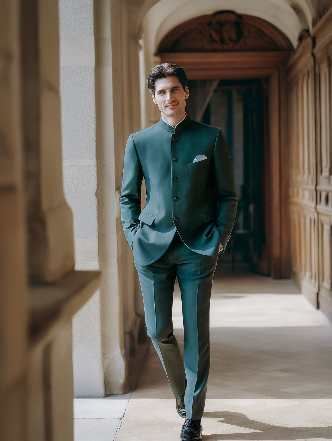 Costume veste col mao bleu vert Chris von Martial.