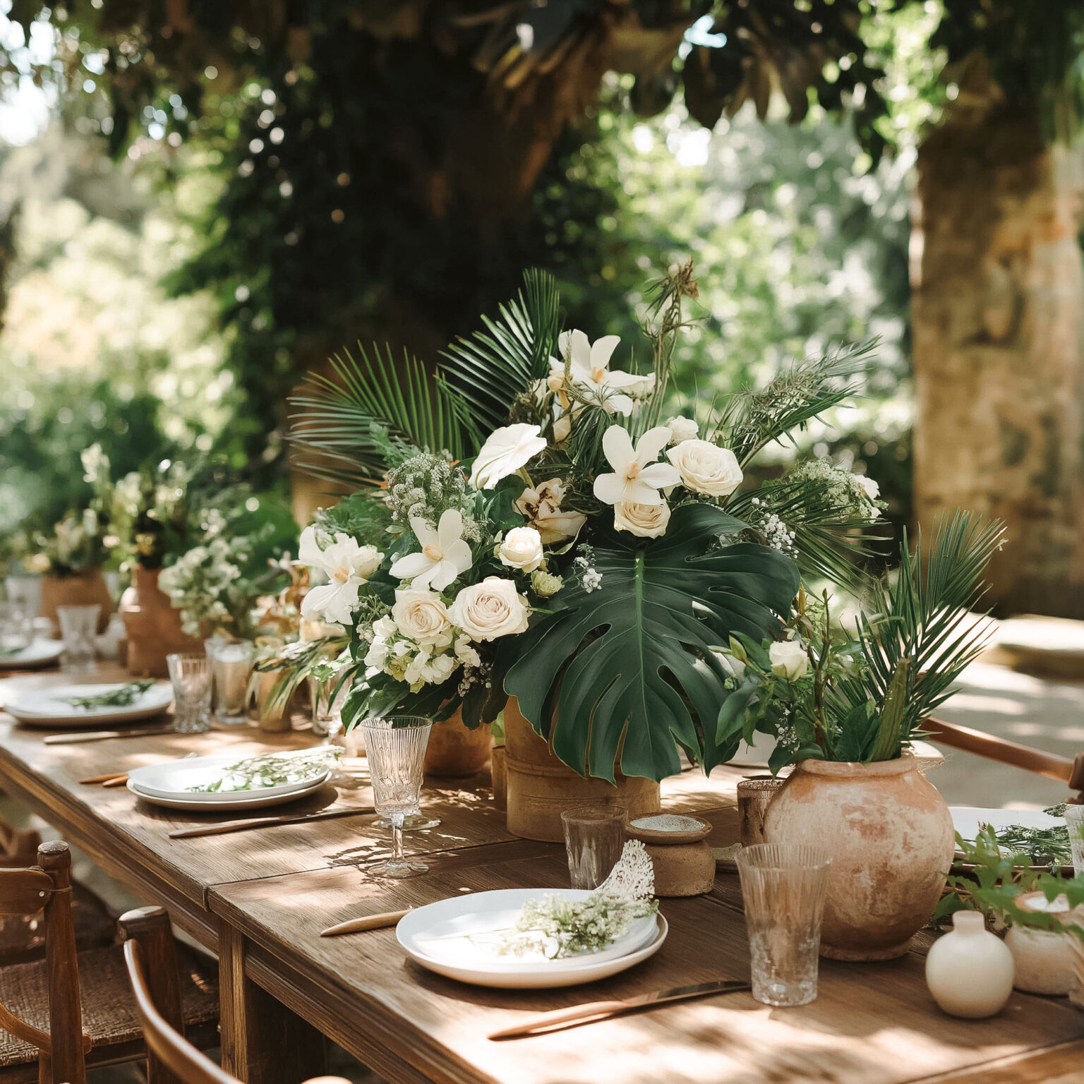 Table de mariage décorée de feuillage vert et bougies, ambiance botanique.