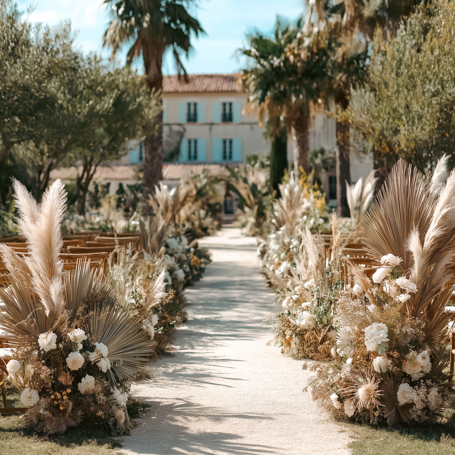 Allée de bastide du sud de la France avec décor floral et ambiance mariage chic.