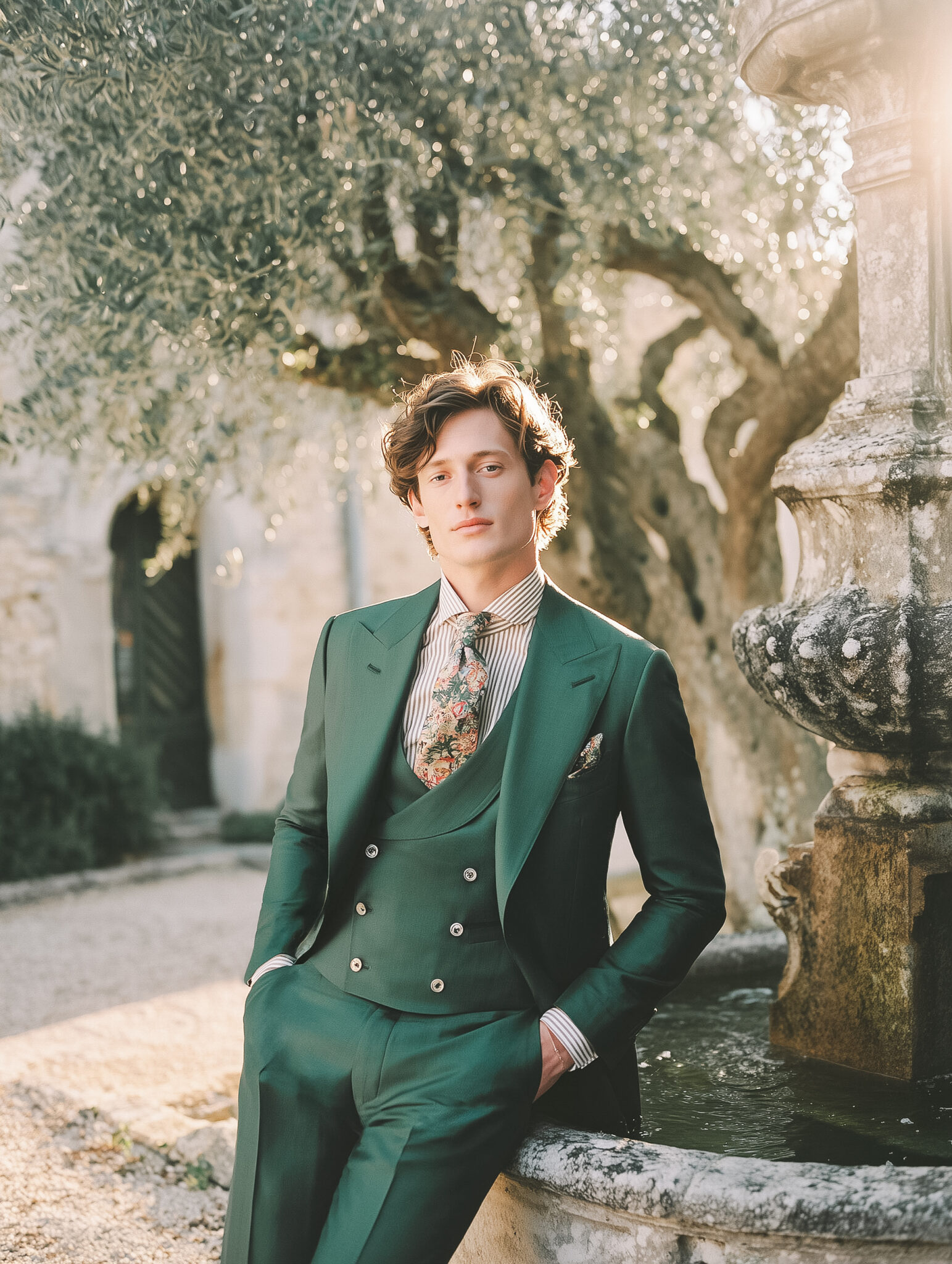 Homme portant un costume trois pièces vert impérial, boutonnière florale.