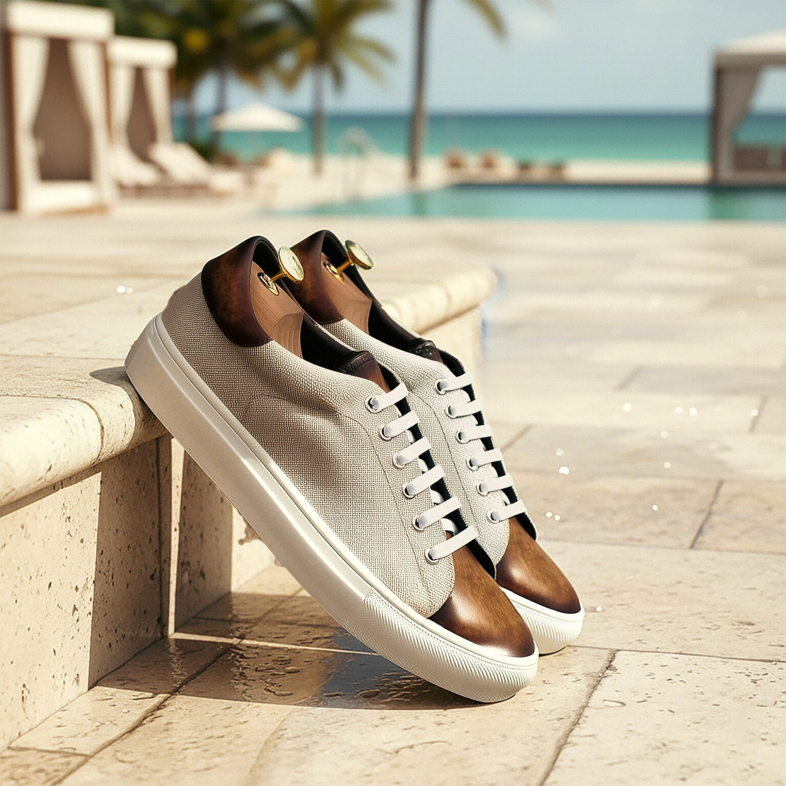 Baskets homme marron et beige sur terrasse bord de mer à Miami.