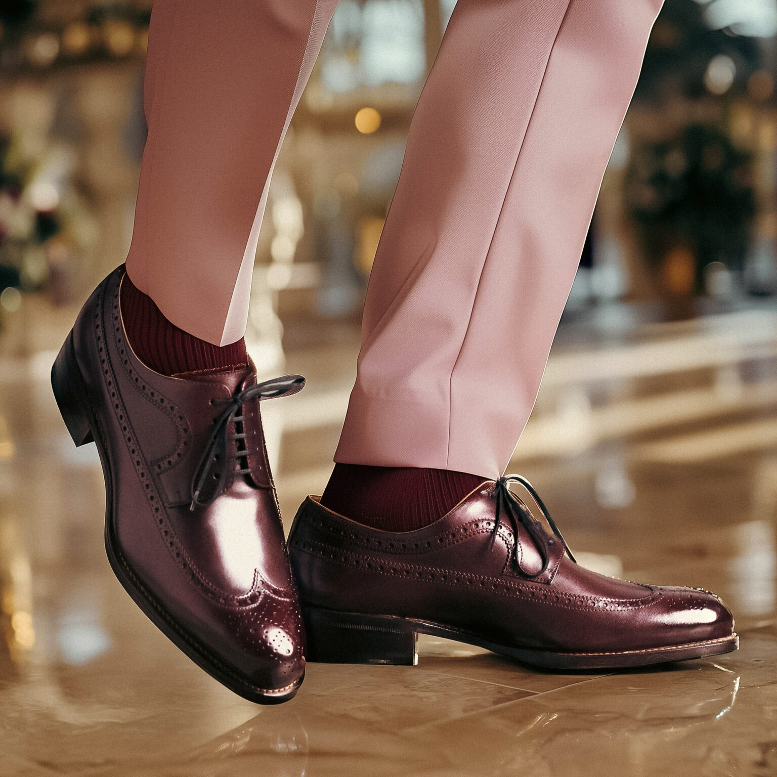 Chaussures bordeaux homme style Longwing posées sur sol en pierre.