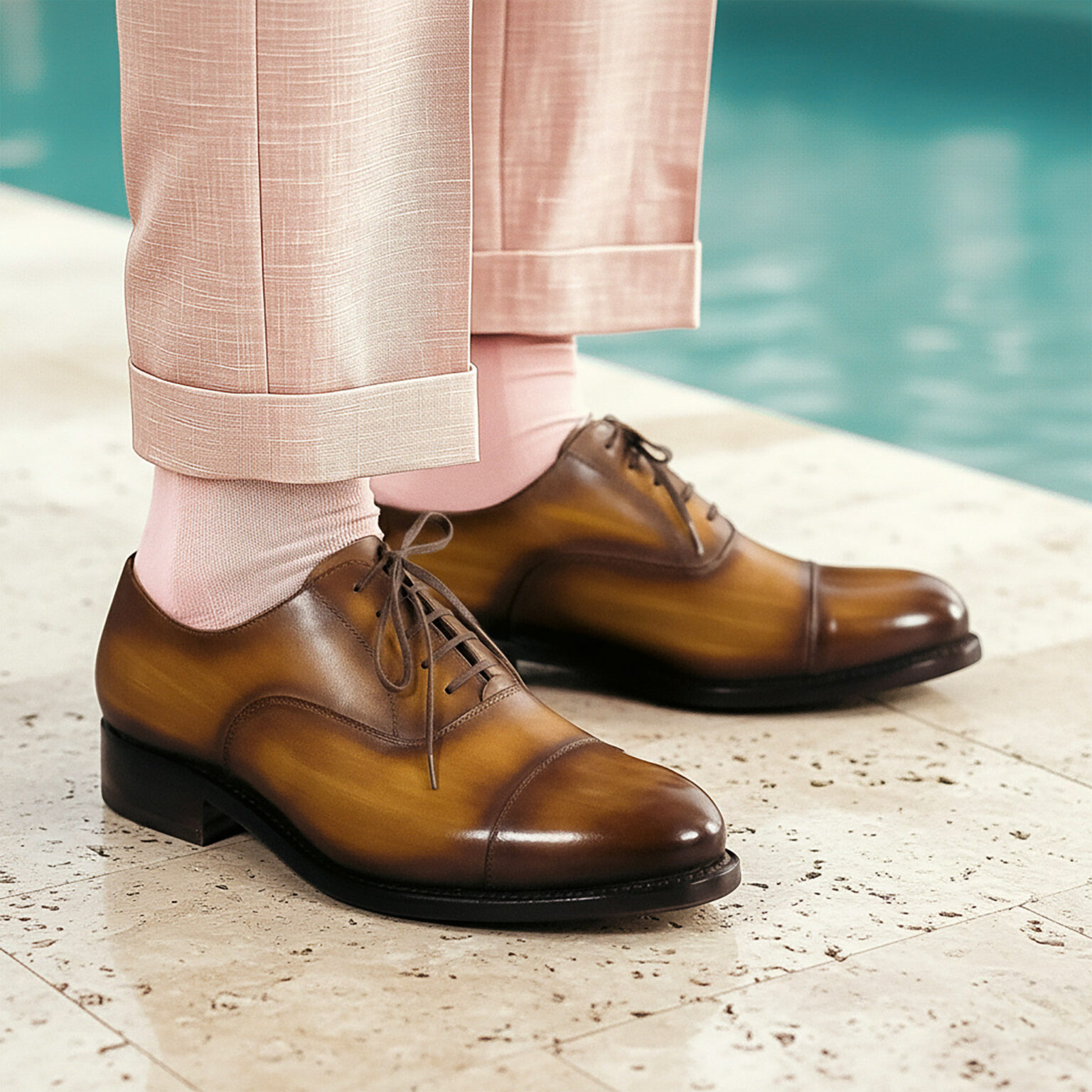 Chaussures homme cognac Richelieu sur fond turquoise au bord d’une piscine.
