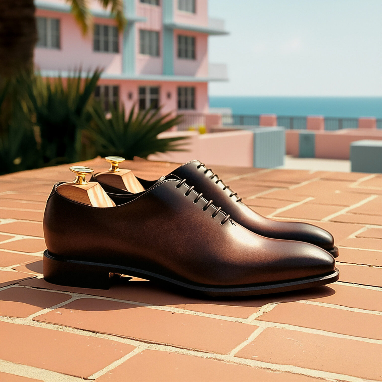 Chaussures Wholecut marron homme posées sur terrasse art déco à Miami.