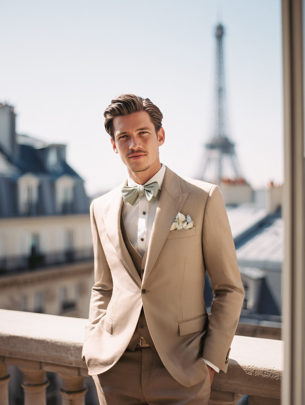homme en costume marron-brun sur une terrasse parisienne