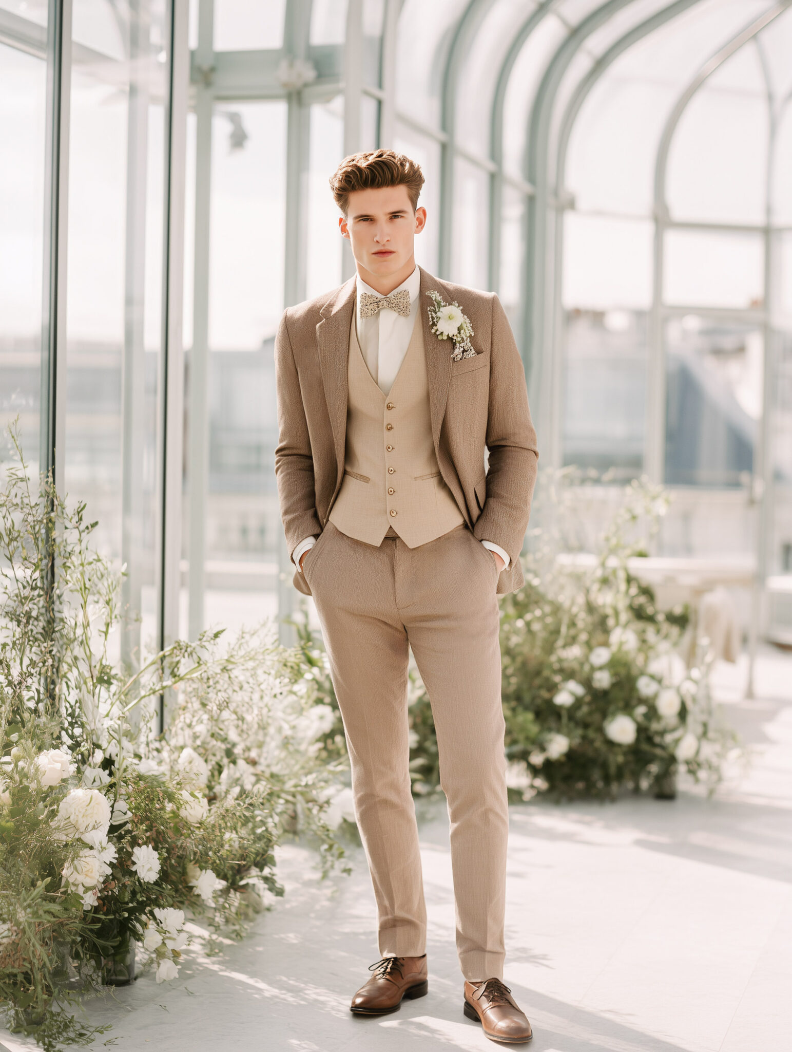 costume trois pièces marron clair gilet beige sur mesure Chris von Martial