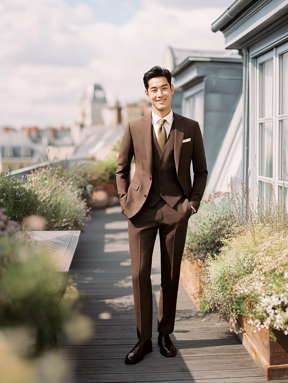 costume trois pièces marron foncé sur mesure Chris von Martial