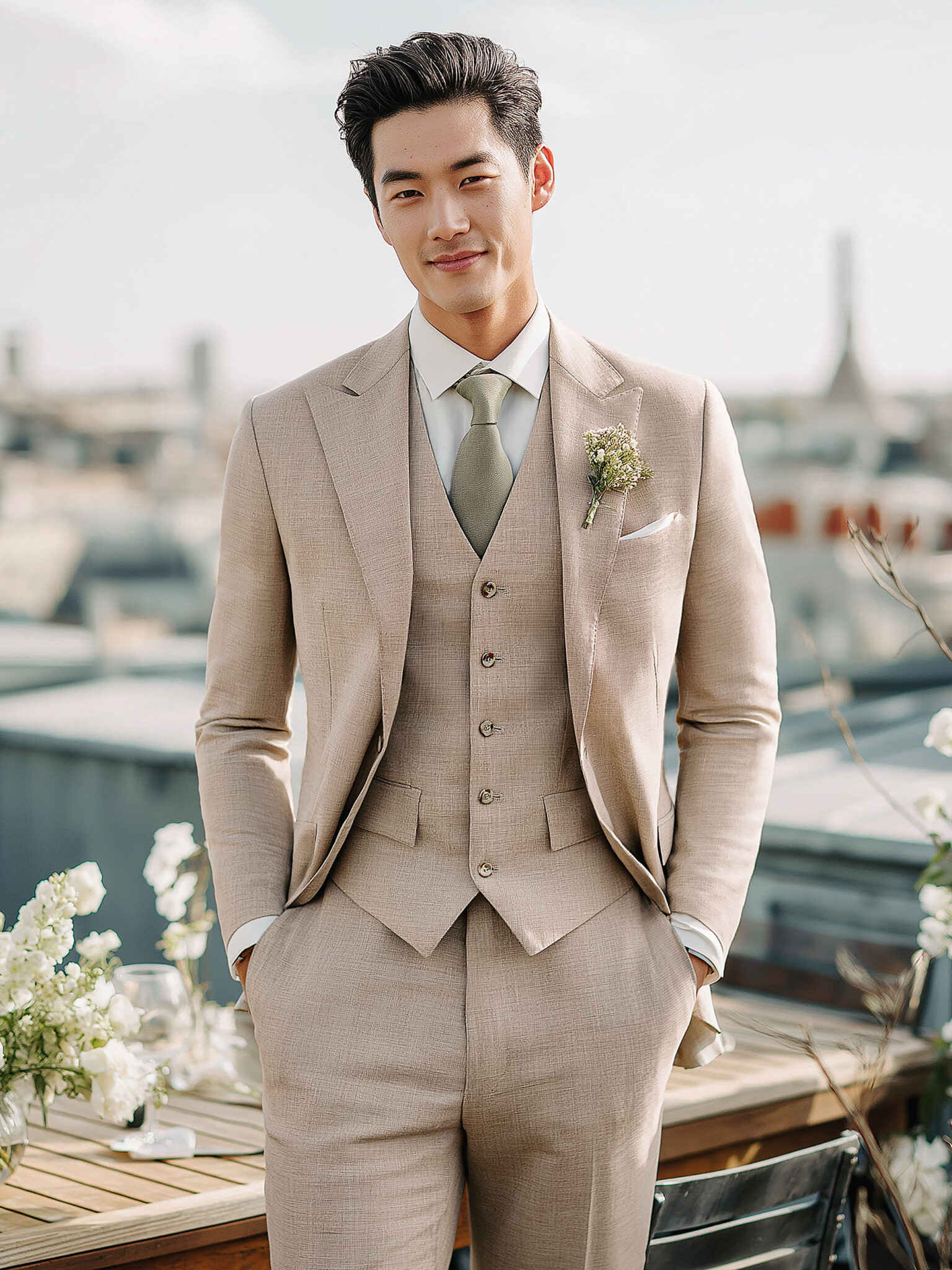 costume trois pièces beige moka sur mesure Chris von Martial